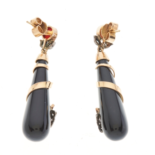 122 - A pair of mid 20th century gold, onyx, coral and diamond drop earrings, estimated total diamond weig... 