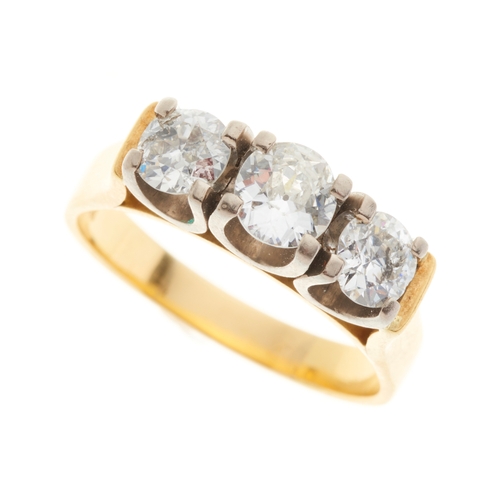 124 - An 18ct gold circular-cut diamond three-stone ring, with slightly tapered band, estimated total diam... 