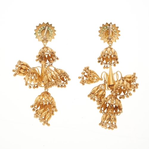 127 - A pair of gold tiered drop Jhumka earrings, length 9.4cm, 39g