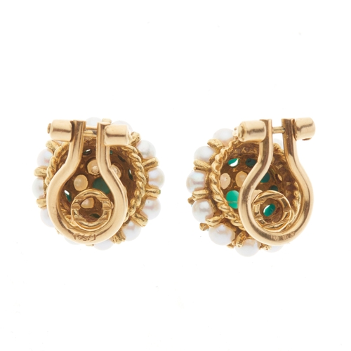 129 - A pair of 18ct gold turquoise and pearl clip earrings, stamped 750, Italian marks, diameter 1.4cm, 8... 