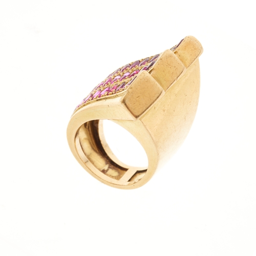 131 - A 1940s 18ct gold ruby cocktail ring, French import marks, ring size H, 16g
