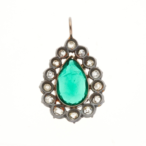 14 - A 19th century green paste and old-cut diamond cluster pendant, estimated total diamond weight 0.70c... 