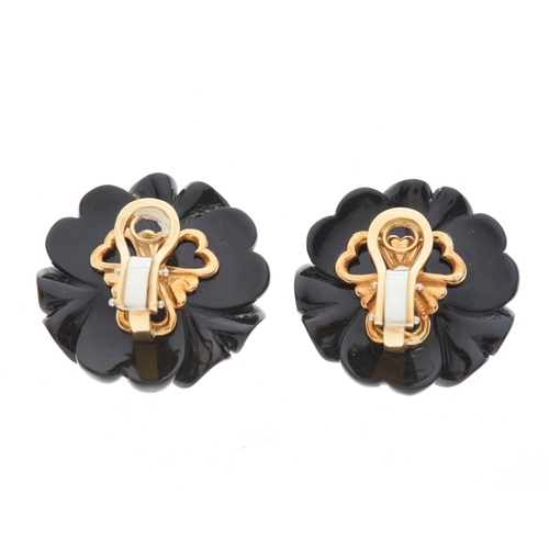 149 - Capello, a pair of 18ct gold carved onyx, sapphire, ruby and diamond flower earrings, estimated tota... 