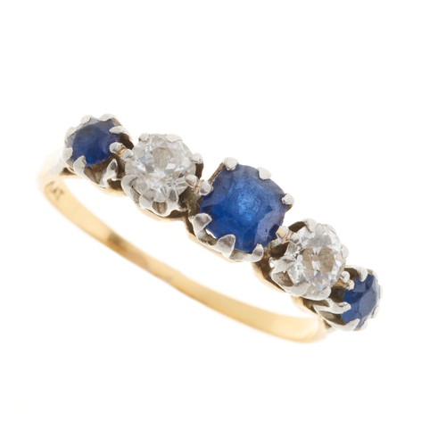 15 - An early 20th century 18ct gold and platinum, sapphire and old-cut diamond five-stone ring, estimate... 