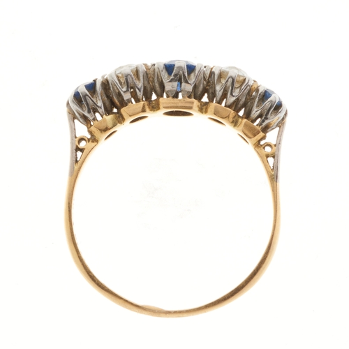15 - An early 20th century 18ct gold and platinum, sapphire and old-cut diamond five-stone ring, estimate... 