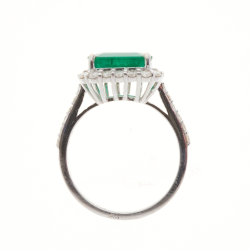 163 - An 18ct gold emerald and brilliant-cut diamond cluster ring, with similarly-cut diamond line shoulde... 