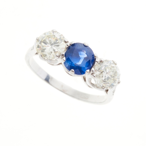 164 - An 18ct gold sapphire and diamond three-stone ring, sapphire estimated weight 1.40ct, estimated tota... 