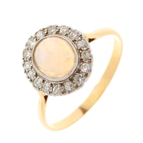 17 - An early 20th century 18ct gold opal and single-cut diamond cluster ring, opal measures 7.6 by 6.6mm... 