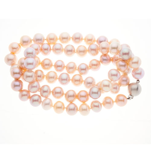 170 - A freshwater cultured pearl single-strand necklace, with 18ct gold spherical push-piece clasp, pearl... 