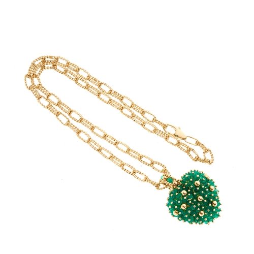 171 - A 14ct gold pave-set green gem heart pendant, suspended from a 14ct gold fancy-link chain, chain and... 