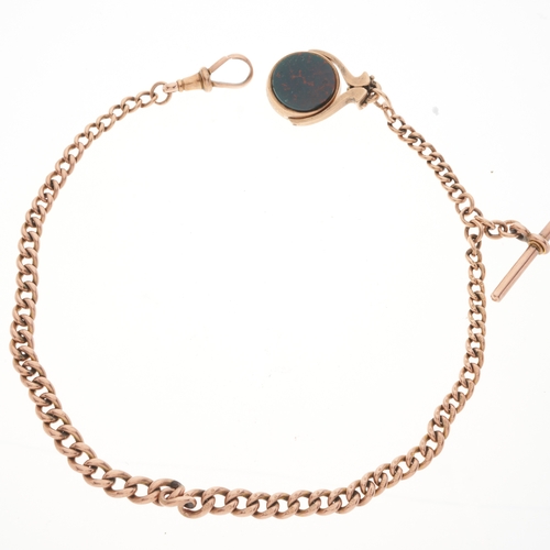 18 - An early 20th century 9ct gold graduated Albert chain, with T-bar and lobster clasp terminal, suspen... 