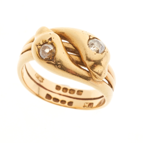 19 - A late Victorian 18ct gold double snake ring, with old-cut diamond crest highlights and grooved band... 