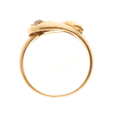 19 - A late Victorian 18ct gold double snake ring, with old-cut diamond crest highlights and grooved band... 