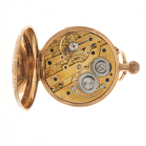 218 - A late 19th century 14ct gold open face pocket watch, with enamel dial and engraved reverse, case nu... 