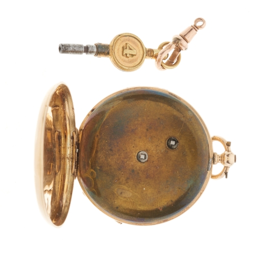 219 - A late 19th century 14ct gold open face pocket watch, with floral dial and engraved reverse, dial si... 