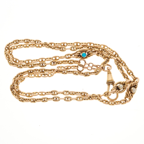 22 - A late Victorian gold, split pearl and turquoise cabochon accent fancy-link longuard chain necklace,... 