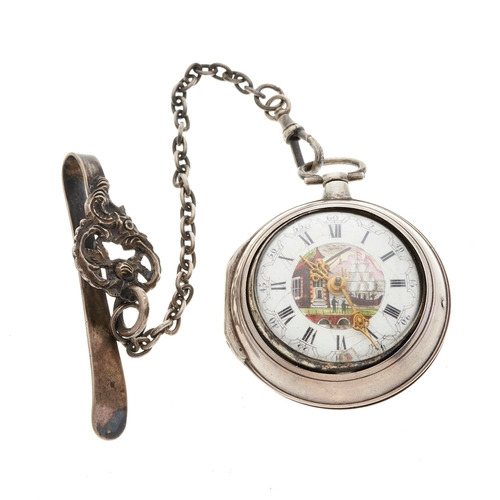 220 - Charles Duplock, a late Georgian silver pair case pocket watch, with enamel dial painted to depict a... 