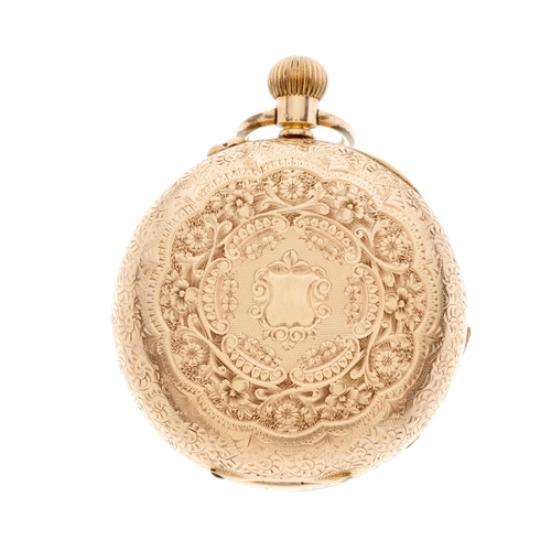 221 - A late 19th century 14ct gold open face pocket watch, with engraved reverse, case numbered 65933, ke... 