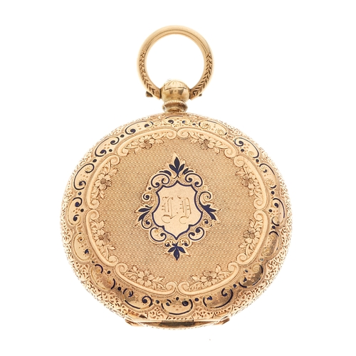 223 - Dimier Freres & Cie, a late 19th century 14ct gold open face enamel pocket watch, engraved reverse, ... 