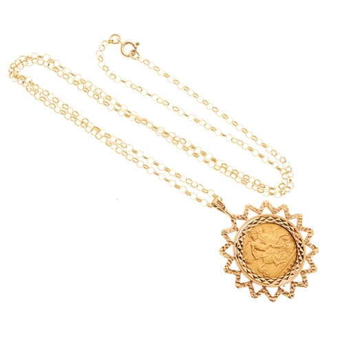 27 - Edward VII, a half sovereign coin pendant, within a 9ct gold starburst mount, suspended from a 9ct g... 