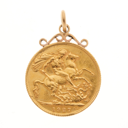 31 - George V, a gold full sovereign coin dated 1927, with 9ct gold pendant mount, length 3.2cm, total we... 