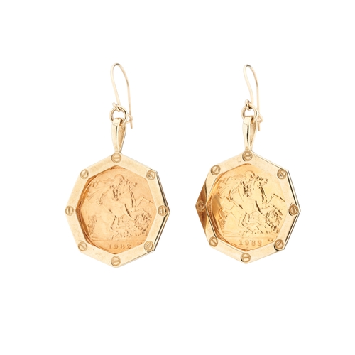 35 - A pair of gold half sovereign coin drop earrings, each dated 1982, within a screw-head motif 9ct gol... 