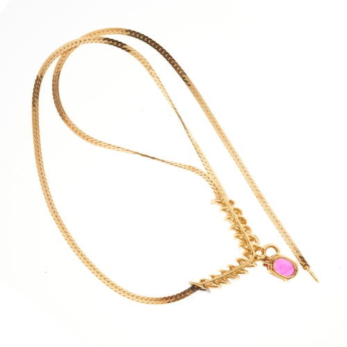 56 - An 18ct gold ruby and diamond necklace, with integral flat-link chain, ruby estimated weight 1.40ct,... 
