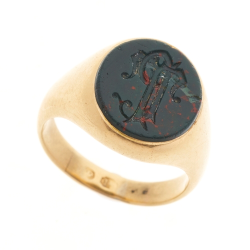 6 - A late Victorian 18ct gold bloodstone intaglio seal signet ring, partial hallmarks for 18ct gold, ri... 