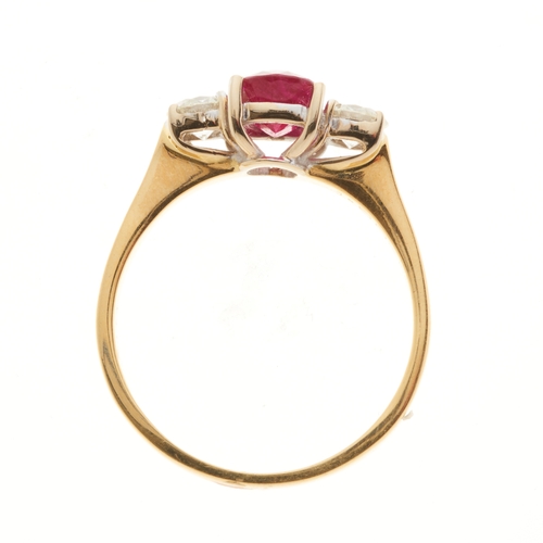 69 - An 18ct gold ruby and brilliant-cut diamond three-stone ring, ruby estimated weight 1.50ct, estimate... 