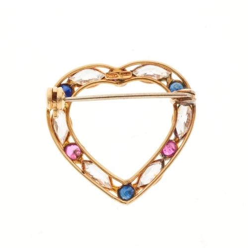 72 - An 18ct gold ruby, sapphire and cubic zirconia heart-shape brooch, stamped 750, Italian marks, lengt... 