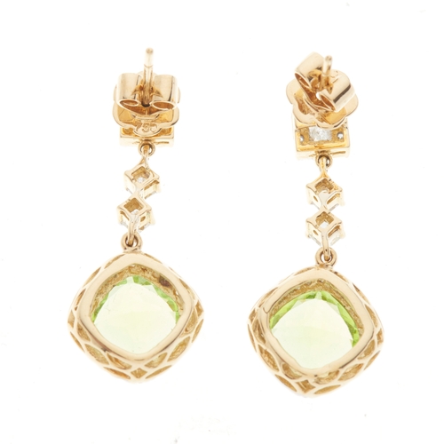 79 - A pair of 18ct gold peridot and brilliant-cut diamond cluster drop earrings, with similarly-cut diam... 