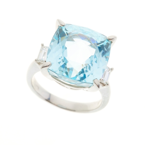 80 - A platinum aquamarine and diamond three-stone ring, aquamarine weight 11.38ct, total diamond weight ... 