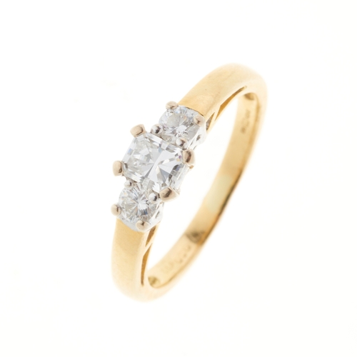 86 - An 18ct gold diamond three-stone ring, total diamond weight 0.50ct, stamped to band, estimated H-I c... 