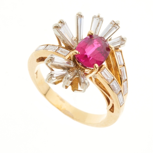 89 - An 18ct gold ruby and rectangular-shape diamond dress ring, with calibre-cut diamond asymmetric shou... 