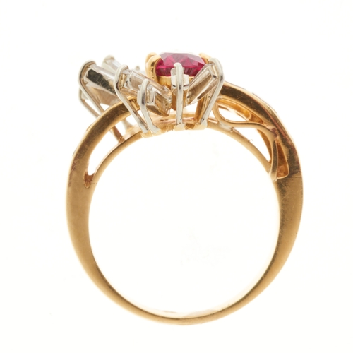 89 - An 18ct gold ruby and rectangular-shape diamond dress ring, with calibre-cut diamond asymmetric shou... 