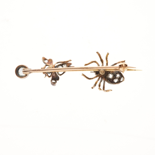 99 - A late Victorian gold vari-cut diamond fly and spider brooch, with ruby cabochon eyes and old-cut di... 