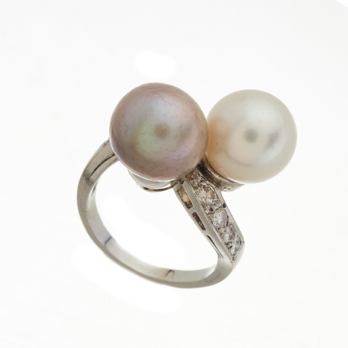 168 - A grey and cream cultured pearl two-stone crossover ring, with brilliant-cut diamond line asymmetric... 