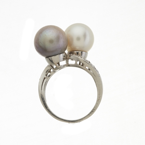 168 - A grey and cream cultured pearl two-stone crossover ring, with brilliant-cut diamond line asymmetric... 