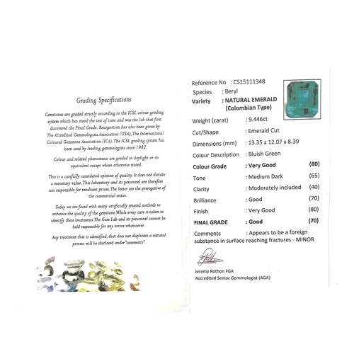45 - An impressive Colombian emerald, of 9.44ct, with report by The Gem Lab stating Colombian, minor clar... 
