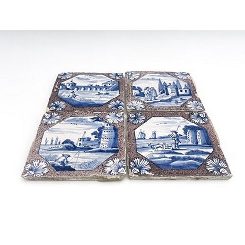 1004 - A set of four London Delft tiles, circa 1750, octagonal blue and white landscape vignettes within ma... 