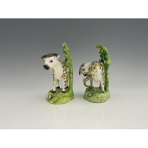 1008 - A pair of spongeware decorated figures of cows against bocage, Staffordshire, Tunstall Group, circa ... 