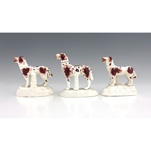 1014 - A group of Staffordshire dog figures, modelled standing on white bases, in iron brown and white colo... 