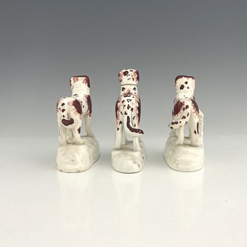 1014 - A group of Staffordshire dog figures, modelled standing on white bases, in iron brown and white colo... 