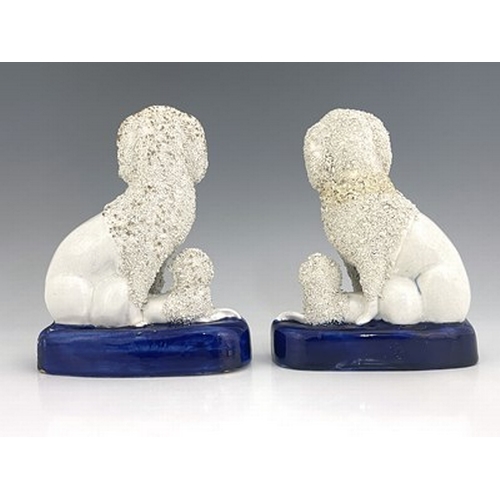 1023 - A matching pair of Staffordshire pottery poodle groups, circa 1860, modelled as seated mothers guard... 