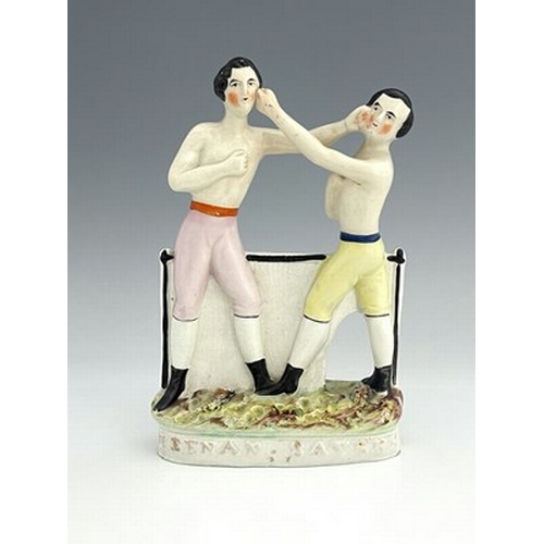 1073 - Staffordshire portrait pugilist figure group of 'Heenan' and 'Sayers, circa 1860, modelled as two sh... 