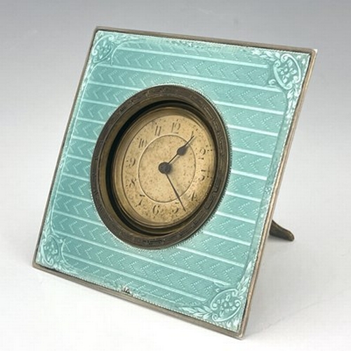 108 - An Art Deco silver and enamelled clock, Charles S Green and Co., Birmingham 1930, square section, tu... 