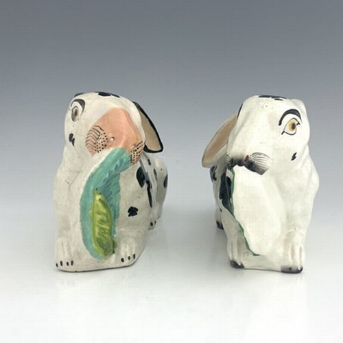 1087 - Staffordshire pottery rabbits, circa 1855, modelled recumbent eating lettuce leaves, and decorated w... 