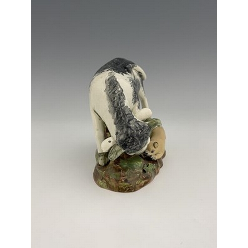 1091 - A Staffordshire pearlware pottery bull baiting figure group, circa 1820, sponge decoration with dog,... 