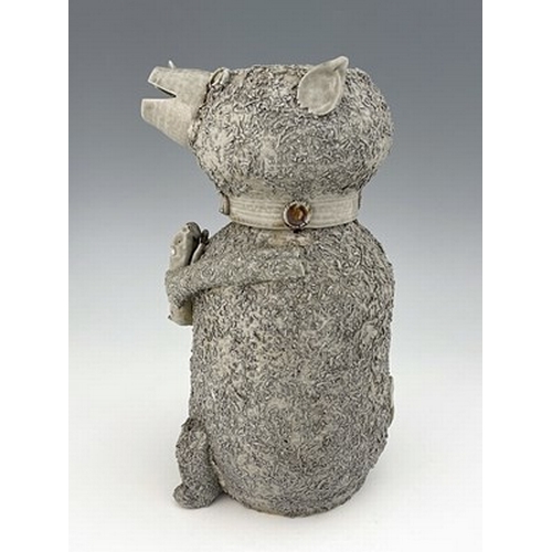 1093 - A Staffordshire off white salt glazed stoneware bear jar and cover, modelled as a sitting bear holdi... 