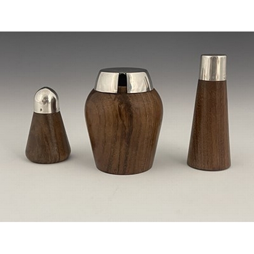 114 - A Spanish Modernist silver and walnut three piece cruet, circa 1960s, including mustard pot, salt sh... 